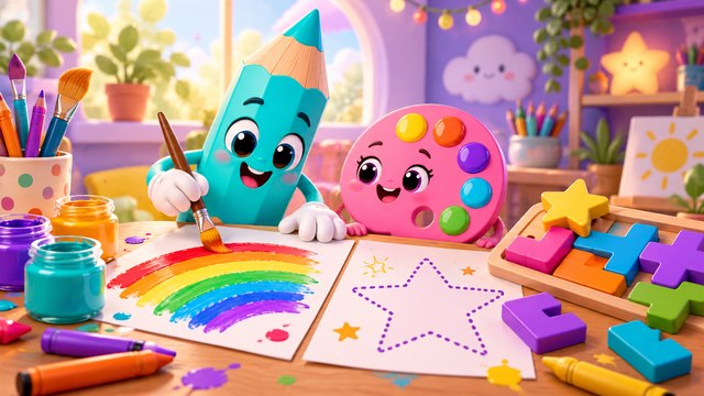 A cheerful pencil, rainbow painting, dotted star and logic puzzle shapes