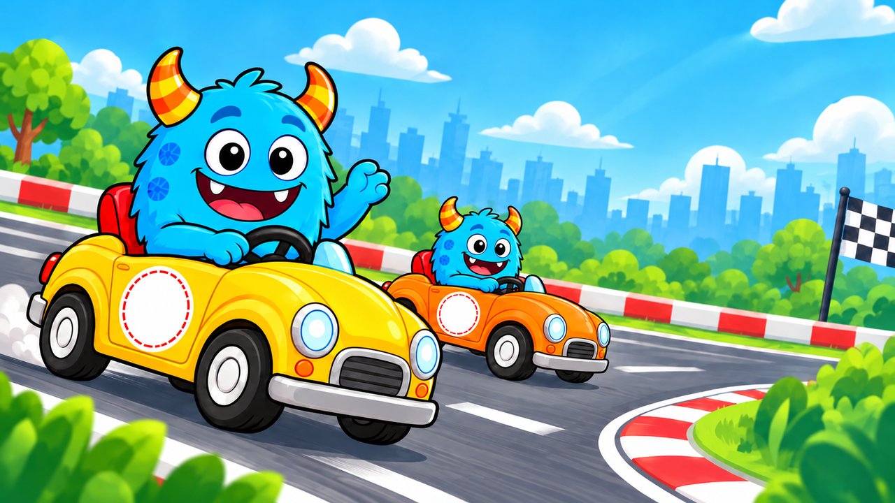 Blue monsters ready for a colorful car adventure